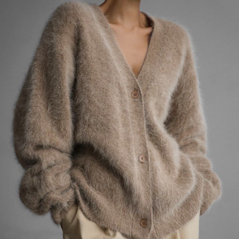 Wool Coat Peacoat - Women Fluffy V Neck Knit Cardigan