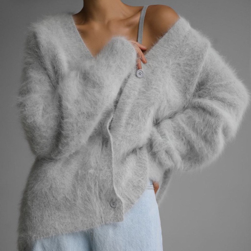 Women Fluffy V Neck Knit Cardi - Wool Coat Peacoat ulasan dan harga