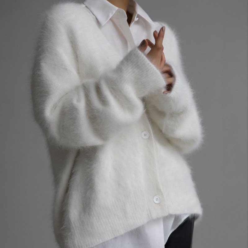 Women Fluffy V Neck Knit Cardi - Wool Coat Peacoat ulasan dan harga